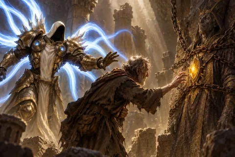 Ilustrasi rekonstruksi AI — Tyrael menghentikan Marius yang mencoba mencabut Batu Jiwa di Makam Tal Rasha.