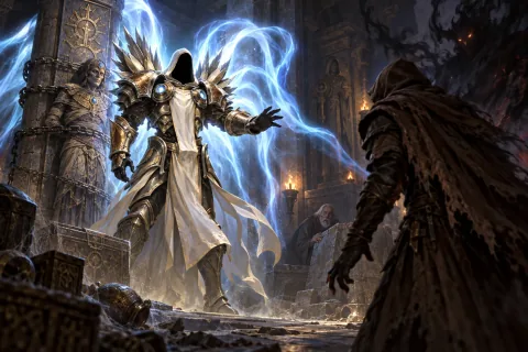 Tyrael menghadapi Dark Wanderer di dalam Makam Tal Rasha.
