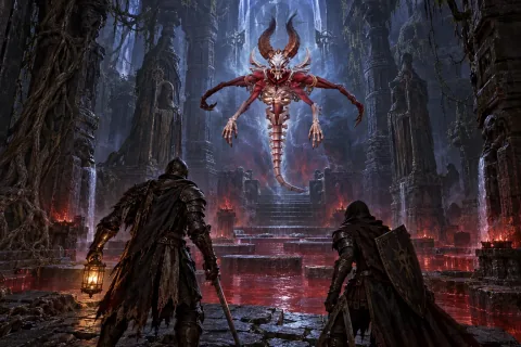 AI-reconstructed illustration — Heroes facing the traces of hatred inside the corrupted temple of Kurast.