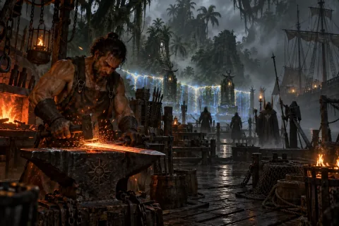 AI reconstructed illustration: Hratli the blacksmith strikes a glowing weapon at his anvil on the misty Kurast docks, maintaining a shimmering magical barrier.