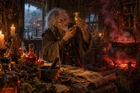 AI reconstructed illustration: In his cluttered wooden hut, the alchemist Alkor excitedly examines a small, gleaming golden bird figurine near a bubbling cauldron.
