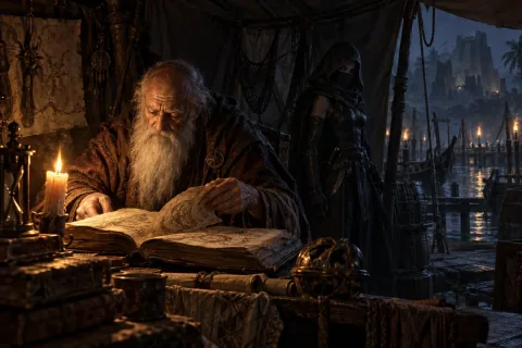 AI reconstructed illustration: Deckard Cain studies Lam Esen's Tome under a leaky tent, while the assassin Natalya watches silently from the shadows.