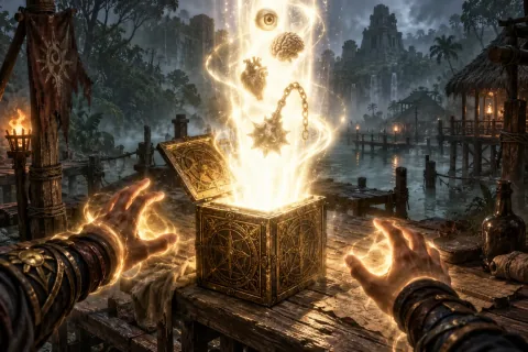 AI reconstructed illustration: The Horadrim Cube on a wooden table erupts with a blinding column of white and gold light as Khalim's remains are fused.