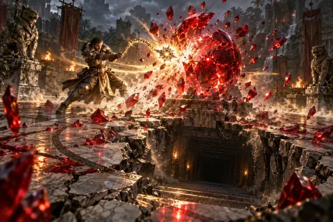 AI reconstructed illustration: The hero shatters the pulsing red Compelling Orb in Travincal with the glowing flail Khalim's Will, revealing a dark stone staircase.