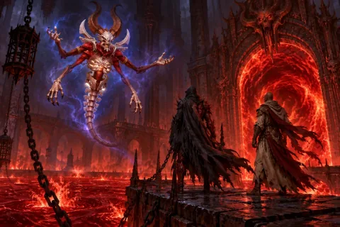 AI reconstructed illustration: In the Durance of Hate, the classic four-armed Mephisto floats near a swirling red Hell Gate, welcoming the Dark Wanderer and Baal.
