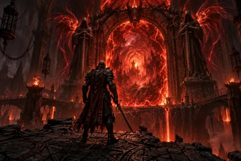 AI reconstructed illustration: A dramatic wide shot of the hero standing before the roaring red Hell Gate portal, preparing to step into the fiery abyss.
