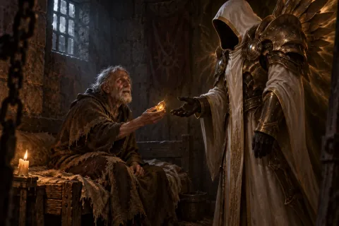 AI-reconstructed illustration — Marius handing over the Soulstone to Baal, who is disguised as Tyrael in the asylum.