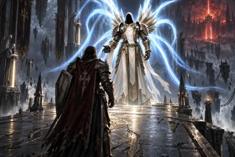 AI reconstructed illustration: The hero meets Archangel Tyrael, who has a faceless hood and blue-white energy wings, at the Pandemonium Fortress.