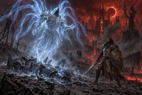 AI reconstructed illustration: The glowing blue spirit of Izual rises from his shattered demonic armor to speak to the shocked hero.