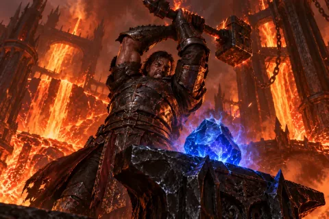 AI reconstructed illustration: The hero raises the Hellforge Hammer to smash Mephisto's pulsing blue Soulstone on the anvil.