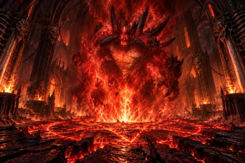 AI reconstructed illustration: The five seals are broken, and classic Diablo begins to emerge from a massive pillar of fire in the Chaos Sanctuary.