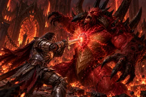 AI reconstructed illustration: The hero plunges a sword into classic Diablo's chest, shattering his power in a burst of red lightning.