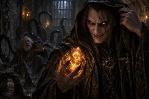 AI reconstructed illustration: Baal reveals his true face to Marius, holding the amber Soulstone with a sinister grin.