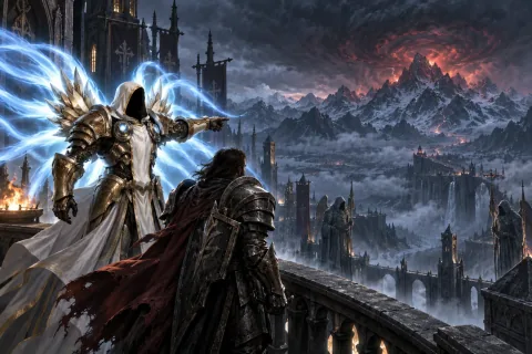 AI reconstructed illustration: Tyrael points toward the frozen north from Pandemonium Fortress, warning the hero of Baal's march.