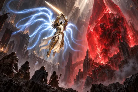 AI-reconstructed illustration — Tyrael raising his sword to destroy the corrupted Worldstone.