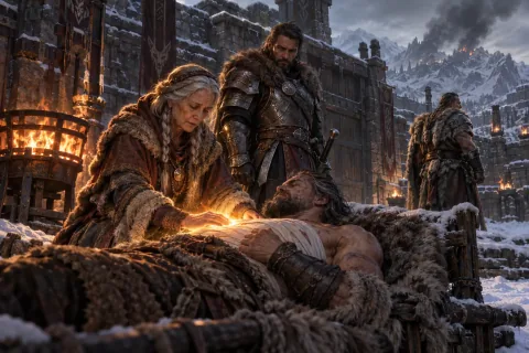 Malah tends to a wounded Barbarian in the snowy courtyard of Harrogath while Qual-Kehk watches the horizon.