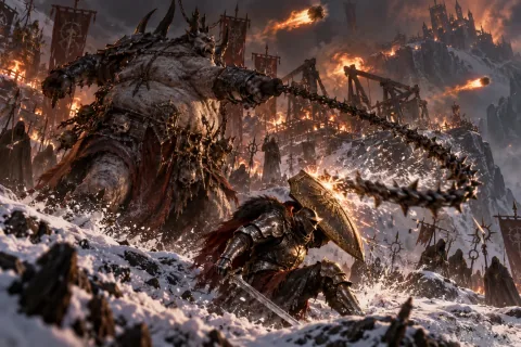 The hero battles Shenk the Overseer amidst burning catapults on the snowy Bloody Foothills.