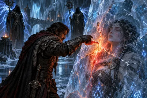 The hero uses Malah's thawing potion to free Anya from her magical ice prison in the Frozen River.