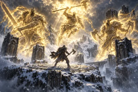 The three golden spirits of the Ancients—Talic, Korlic, and Madawc—awaken to test the hero on Arreat Summit.