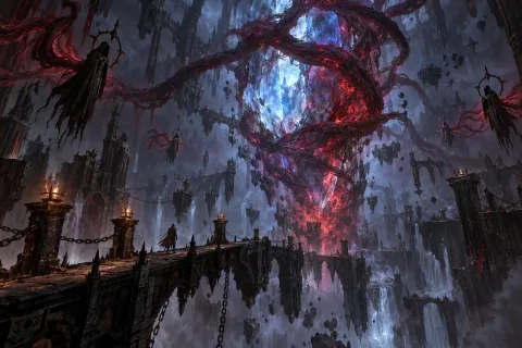 The colossal Worldstone floats in its chamber, heavily corrupted by Baal's pulsating red and black tentacles.