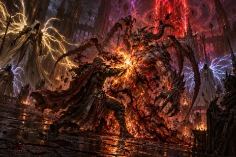 The hero delivers a fatal blow to Baal, whose monstrous body explodes with chaotic energy.