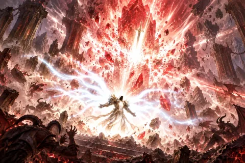 Tyrael shatters the Worldstone with his sword El'druin, triggering a massive explosion that collapses Mount Arreat.
