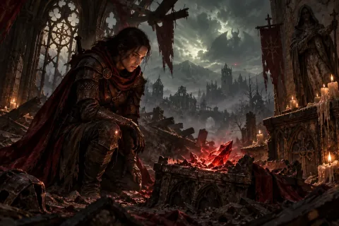 AI-reconstructed illustration — An adventurer facing a shard of the Worldstone scattered across Sanctuary.
