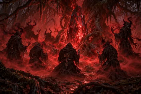 AI reconstructed illustration: Cultists of Skarn mutate into horrific demons around a glowing Worldstone shard in the Dark Forest.