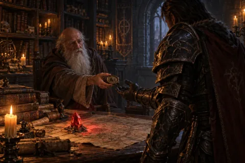 AI reconstructed illustration: Deckard Cain hands a Horadrim compass to the hero in his candlelit study in Wortham.