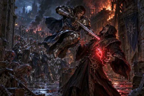 AI reconstructed illustration: The hero slays a cultist priest in the chaotic, monster-infested slums of Westmarch.