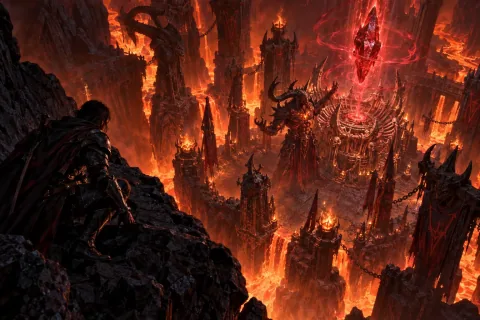 AI reconstructed illustration: The hero watches from the shadows as the demon Skarn conducts a dark ritual in the Realm of Damnation.