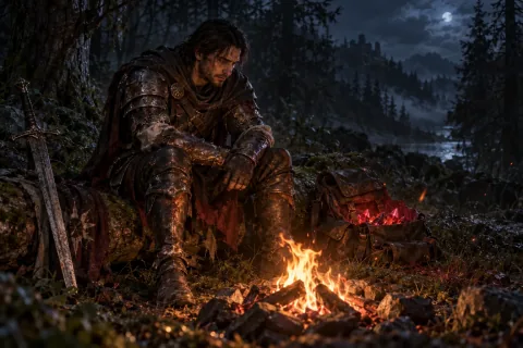 AI reconstructed illustration: A weary hero rests by a campfire, with collected Worldstone shards glowing inside a leather pack.