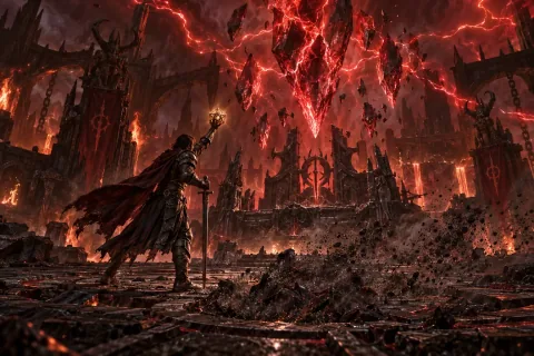 AI reconstructed illustration: The hero uses a Horadrim relic to suppress unstable, crackling Worldstone shards after defeating Skarn.
