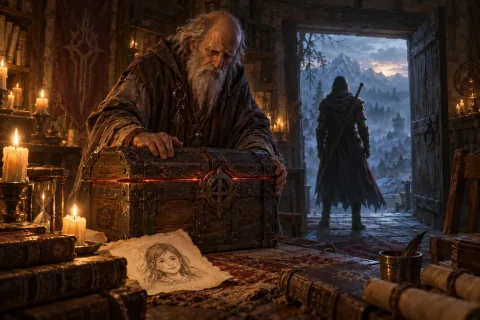 AI reconstructed illustration: Deckard Cain seals the shards in a chest near a portrait of young Leah, as the hero departs at dawn.