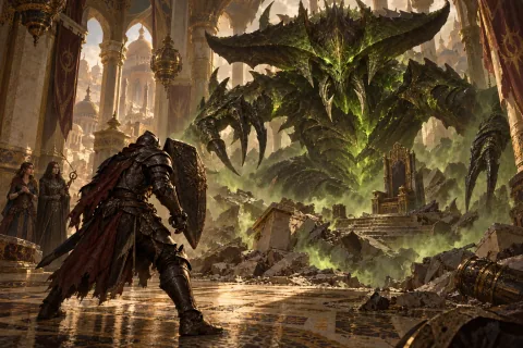 AI-reconstructed illustration — Belial's deception revealed beneath the mask of Caldeum.