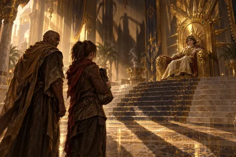 AI-reconstructed illustration: Leah and mortal Tyrael stand before the young Emperor Hakan II on his massive golden throne in Caldeum.