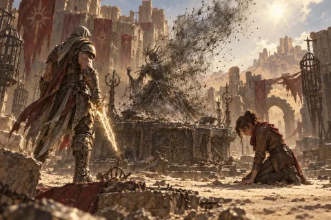 AI-reconstructed illustration: Leah kneels in grief in the ruins of Alcarnus as Maghda's body dissolves into ash.