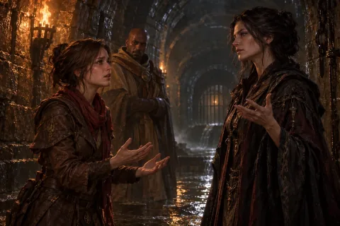 AI-reconstructed illustration: Leah reunites with her cold and calculating mother, Adria, in the dark sewers of Caldeum.