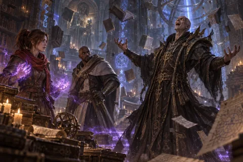 AI-reconstructed illustration: The resurrected Zoltun Kulle laughs triumphantly as Leah and mortal Tyrael watch in the Archives.