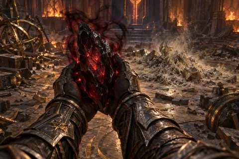 AI-reconstructed illustration: The Nephalem claims the dark, vibrating Black Soulstone from the ruins of Zoltun Kulle's chamber.