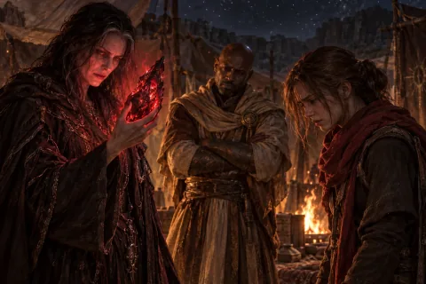 AI-reconstructed illustration: Adria holds the glowing Black Soulstone as Leah and Tyrael watch with deep concern in the camp.