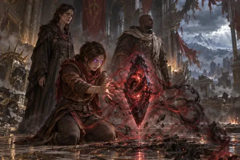 AI-reconstructed illustration: Leah uses her inner power to stabilize the Black Soulstone containing Belial's soul as Adria watches.