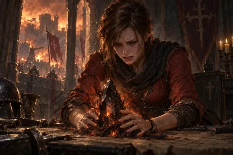 AI-reconstructed illustration — Leah holding out while suppressing the Black Soulstone in Bastion's Keep.