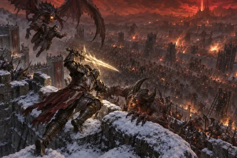 AI reconstructed illustration: Azmodan's demonic horde besieges the snowy ramparts of Bastion's Keep under a blood-red sky.