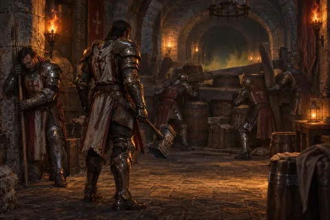 AI reconstructed illustration: The Nephalem protects exhausted guards behind a barricade in Bastion's Keep's underground larder.