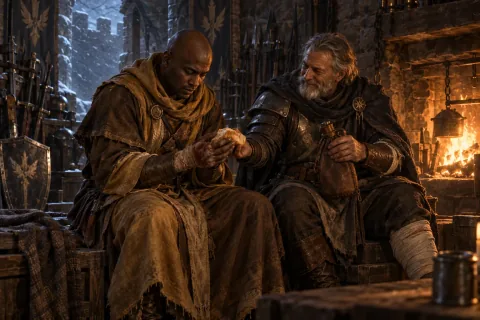 AI reconstructed illustration: The mortal Tyrael receives bread and water from a wounded guard captain, learning human solidarity.