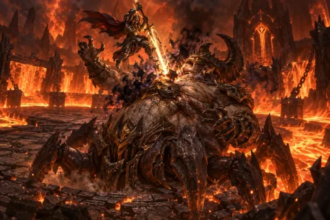 AI reconstructed illustration: The Nephalem strikes a decisive blow against the colossal Azmodan in the fiery Arreat Crater.
