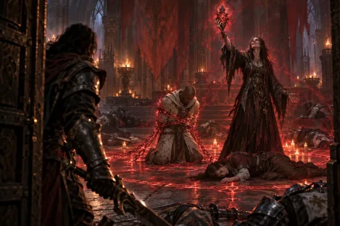 AI reconstructed illustration: Adria betrays the heroes, holding the Black Soulstone over Leah while Tyrael is bound by blood magic.