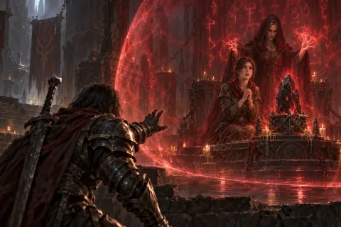 AI reconstructed illustration: Leah waits fearfully beside the Black Soulstone while Adria invokes a ritual behind a barrier.