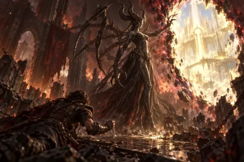 AI reconstructed illustration: The reborn Prime Evil Diablo tears open a portal to the High Heavens, leaving the ruined keep behind.